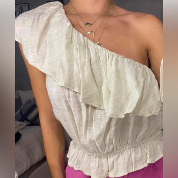 NEW American Eagle One Shoulder Sage Green Ruffle Top Size Large - Picture 1 of 8